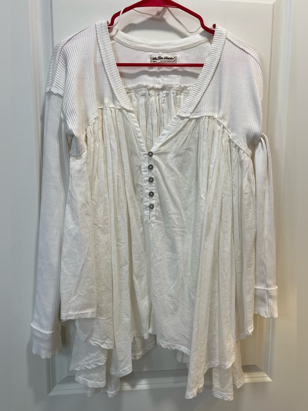 We The Free White Mixed-Texture Henley Tunic with Ruffled Panels